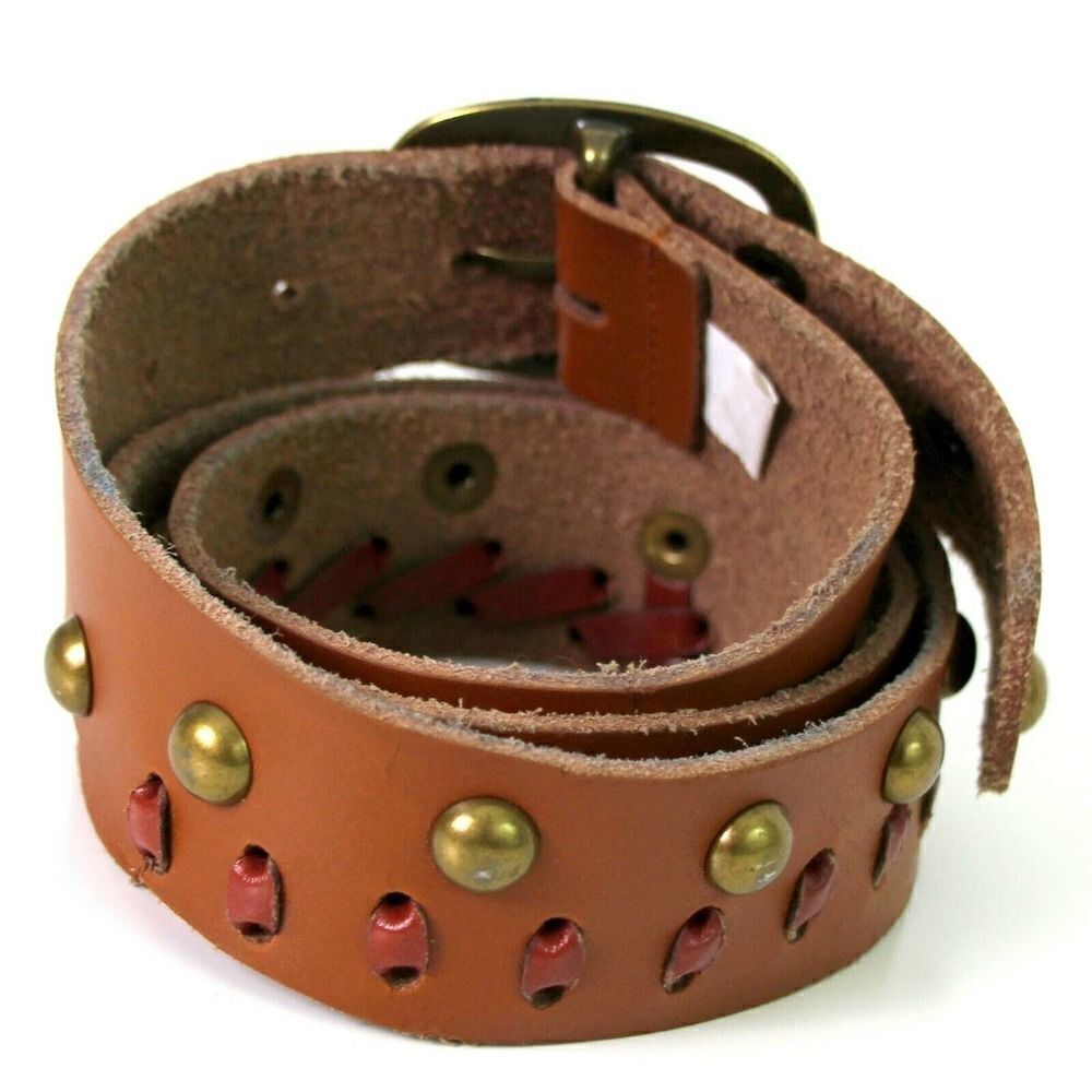 PERFORATED BROWN GENUINE LEATHER 1.5"W STUDDED CASUAL WOMEN'S BELT L 36" (G16 - Picture 3 of 9